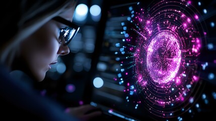 Poster - young asian woman looking at glowing purple holographic interface with digital clock and particles i