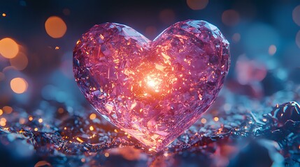 Poster - Glowing pink crystal heart on dark background with bokeh lights and magical sparkles. Romantic Valentine concept with ethereal illumination and dreamy atmosphere.
