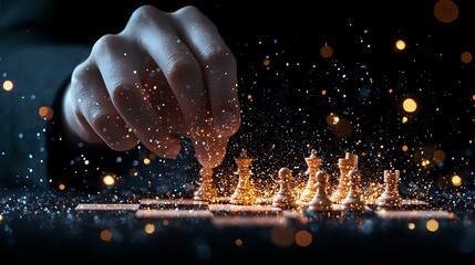 Poster - Dramatic close-up of hand sprinkling glowing magical powder creating illuminated Christmas tree silhouettes against dark background with sparkling bokeh lights.