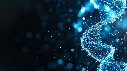 Poster - Glowing blue DNA helix structure with particles and bokeh effects on dark background, representing genetic research and biotechnology advancement.