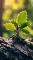 Aufkleber - Young seedling sprouting from weathered woodland log, backlit, symbolizing natural regeneration and persistent growth amid decay