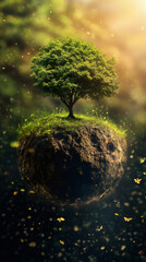 Poster - Miniature planet hovering amid starry darkness, solitary tree representing environmental vulnerability and ecosystem preservation