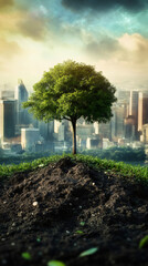 Poster - Green tree sprouting from mound of earth, urban skyline and sunset backdrop highlighting environmental restoration efforts
