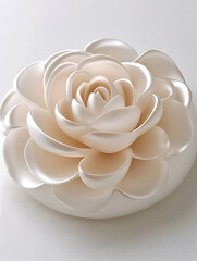 Wall Mural - A pearlized white rose-like flower with multiple layers of rounded petals resting on a smooth white surface.