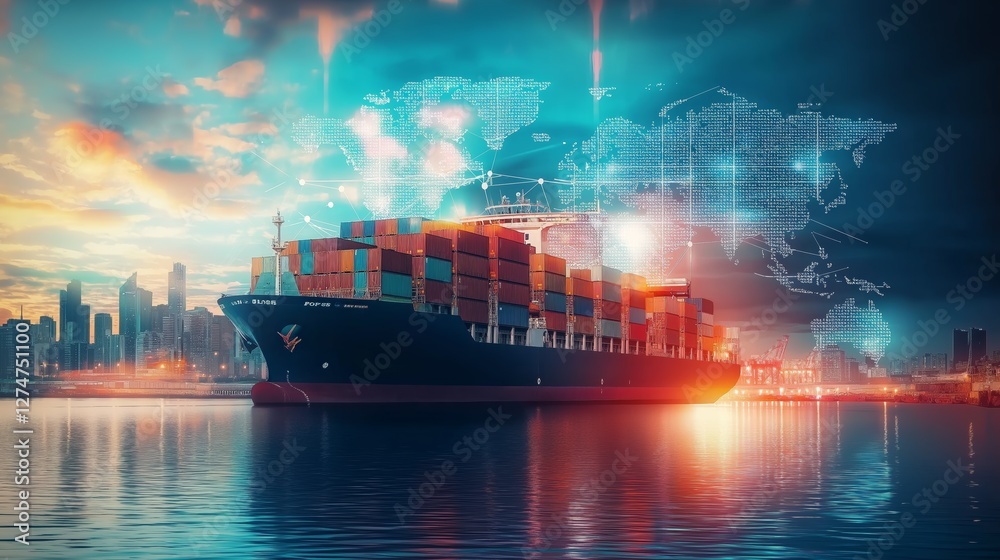 Cargo ship at a port with digital data overlay and global map ...