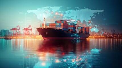 Poster - Cargo ship at a port with digital data overlay and global map, representing smart logistics, global trade, and maritime shipping, Generative AI