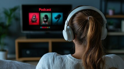 Poster - Young woman wearing headphones watching a podcast on a smart TV, enjoying digital media and entertainment in a cozy home setting, Generative AI