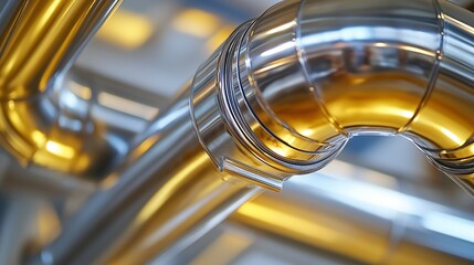 Aufkleber - Close-up of shiny metallic industrial pipes with golden reflections, symbolizing infrastructure, engineering, and fluid transportation systems, Generative AI