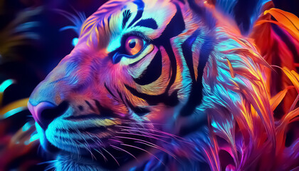  Vibrant Neon Tiger Portrait - Digital Art with Colorful Light Effects