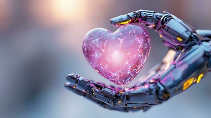 Poster - Robotic hand holding glowing pink heart with constellation pattern and network connections, representing artificial intelligence and emotional technology.