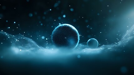 Poster - Mysterious cosmic spheres floating above ethereal clouds in deep turquoise space, glowing orbs casting light through misty atmosphere. For science fiction designs.