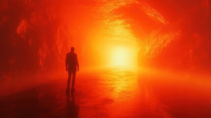 Poster - A person walking towards a bright light in a mysterious cave surreal atmosphere dramatic perspective art photography