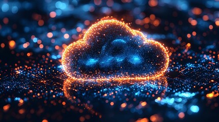Poster - Glowing cloud shape with orange and blue particles on dark background creates magical atmosphere. Digital technology concept for cloud computing and data storage.