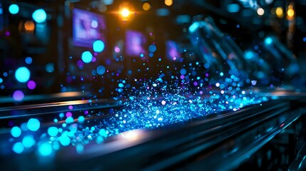 Poster - Glowing blue optical fiber network with bokeh light effects and sparkles against dark background, modern technology and communication concept.