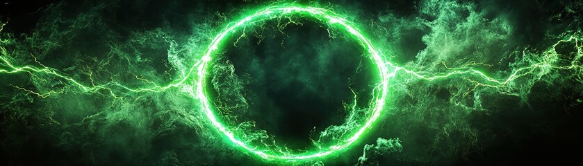 Poster - Energetic lightning burst and green circle abstract digital art cyber environment dynamic perspective energy concept