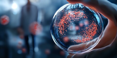 Poster - Microscopic view of red virus particles in glass sphere, scientific research concept against blurred laboratory background with scientist silhouette.