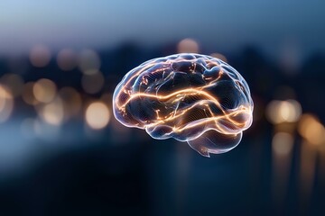 Poster - Glowing translucent brain with orange light trails floating against blurred city bokeh background at dusk, representing artificial intelligence and cognitive science.