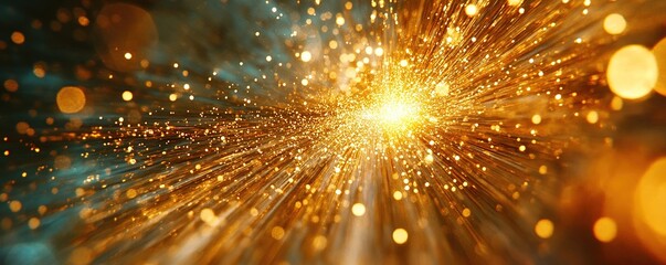 Poster - Dynamic explosion of golden particles in a celestial environment abstract graphic representation