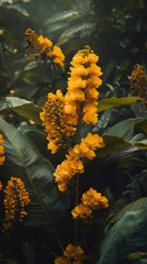 Poster - Close-up of a golden flower growing on a dark green tropical plant, creating a vibrant contrast in a lush jungle setting