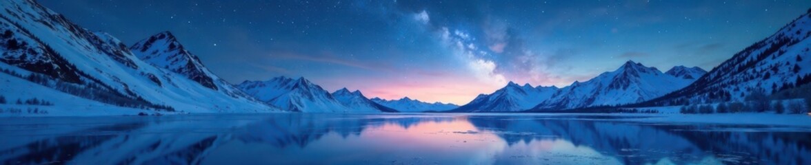  Starry night sky above snow-covered mountains creates an ethereal scene over a frozen lake, glistening, serene, reflection