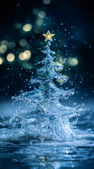 Fototapete - Water shaped like a christmas tree with a golden star on top, with a blurred christmas lights background