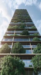 Aufkleber - Lush greenery adorns the balconies of a modern high-rise building, creating a vertical garden against a cloudy sky