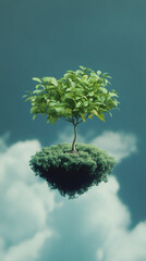 Poster - Verdant tree growing on floating island, suspended against tranquil azure background, embodying dreamlike landscape tranquility