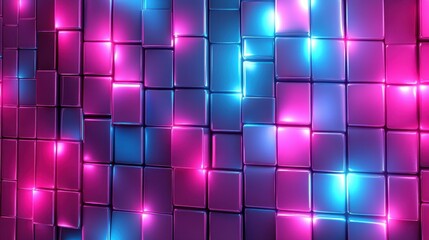 Poster - vibrant neon glowing squares in pink and blue lighting on a dark abstract background