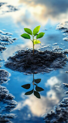 Poster - Small sprout emerging from a clod of earth, surrounded by water that reflects the cloudy sky, symbolizes growth and resilience in nature