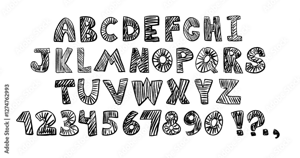 Crayon kids font, doodle funny playful alphabet, hand drawn black ...