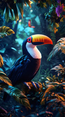 Poster - Vibrant toucan perching on mossy branch, colorful butterfly hovering near lush tropical greenery in serene rainforest setting