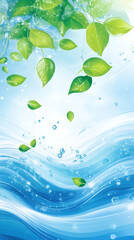 Aufkleber - Green leaves falling into wavy blue water with bubbles and sparkles, representing freshness, purity, and nature