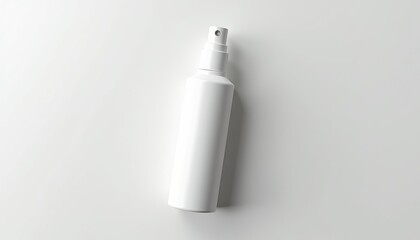 Aufkleber - Minimalist skincare face mist spray mockup with matte white cylindrical bottle and fine mist nozzle, top view on clean white background with soft even lighting, branding-ready layout with copy space