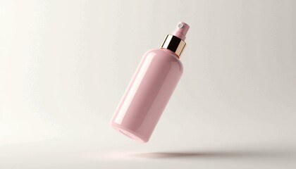 Poster -  Elegant product packaging mockup with glossy pastel pink face mist bottle and metallic sprayer, floating on seamless white background with soft shadows, professional branding presentation with copy s