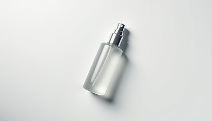 Poster - Realistic face mist spray mockup lying flat on white background with soft diffused lighting, transparent bottle and silver cap, minimalistic composition, branding-ready with copy space