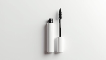 Poster - Minimalist mascara tube mockup top view with glossy white cylindrical tube and open applicator wand, clean white background with soft even lighting, branding-ready layout with copy space