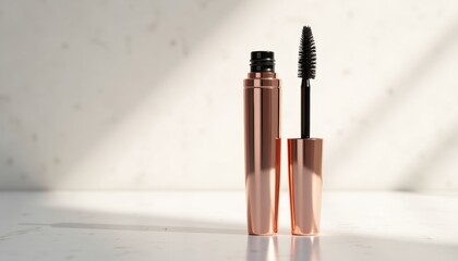 Aufkleber - Premium beauty product mockup with elegant rose gold mascara tube and volumizing brush, standing on white background with soft dramatic lighting, luxurious product presentation with copy space