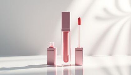 Poster -  Photorealistic lip gloss tube mockup with sleek transparent packaging and soft applicator wand, centered on clean white background with soft natural lighting, subtle shadows, professional product pre