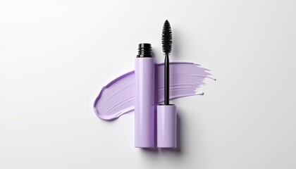 Poster - Minimalist mascara tube mockup top-down view with soft pastel lavender packaging and elegant brush on seamless white background, simple and stylish branding-ready layout with copy space