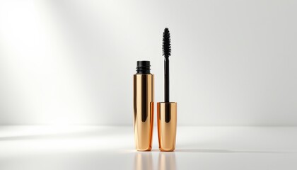 Poster -  Elegant product packaging mockup with metallic gold mascara tube and curved wand, floating on seamless white background with soft shadows, professional branding presentation with copy space