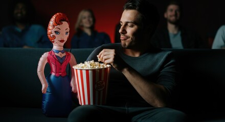 Young caucasian male with inflatable figure enjoying popcorn in theater setting