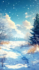 Aufkleber - Snow falling over narrow creek winding through frosty woodland landscape during winter season