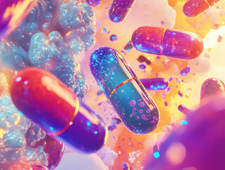 Aufkleber - vibrant close up of colorful capsules floating amidst dynamic, abstract background, evoking sense of energy and vitality. scene is filled with bright hues and sense of motion