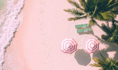 Wall Mural - An overhead shot of a beach with pink sand, two striped beach umbrellas, lounge chairs, and palm trees.