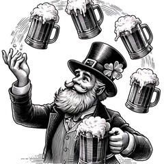 An illustration of a bearded man in a top hat with a four-leaf clover, juggling five frothy beer mugs while holding one in his hand.