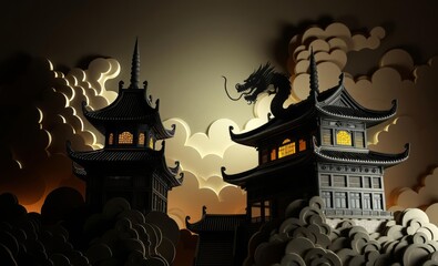 Fantastical chinese temple with dragon and clouds in paper art style East Asian china japan japanese asian korea korean taiwan east asia singapore singaporean chinese taiwanese hong kong happy