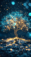 Poster - Glowing magic tree of life with roots spreading in a fantastic world, made of particles and light trails