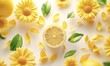 © Tanya - Lemons and yellow daisies arranged harmoniously on a bright white background, radiating cheerful simplicity and freshness