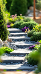 Poster - Tranquil garden path made of flat stones meandering through vibrant green plants and colorful flowers, creating a serene atmosphere