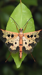 Poster - Close-up colorful moth displaying intricate wing patterns, resting delicately on vibrant green leaf amid natural habitat